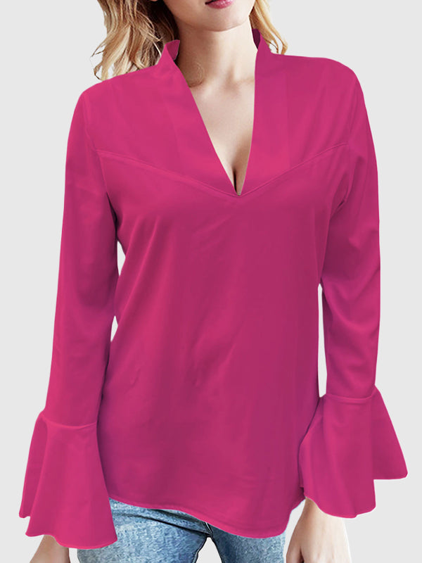 Flared Sleeves Long Sleeves Rhine Stones Solid Color V-Neck Blouses&Shirts Tops