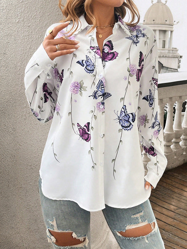 Long Sleeves Loose Butterfly Print Buttoned Lapel Blouses&Shirts Tops