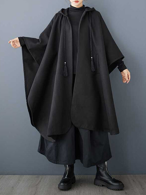 Batwing Sleeves Hooded Drawstring Pockets Split-Joint Tasseled Zipper Cape Outerwear Trench Coats