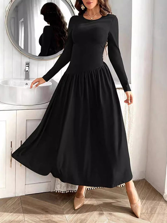 Long Sleeves Skinny Solid Color Split-Joint Round-Neck Maxi Dresses