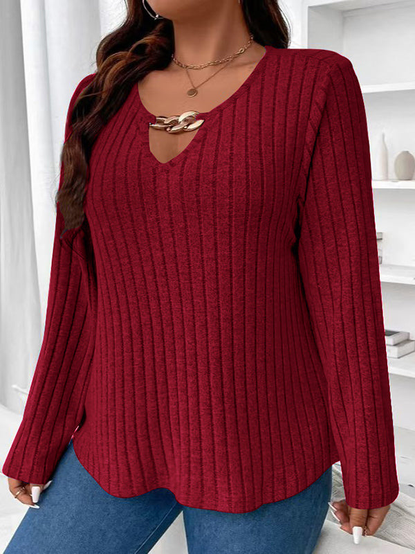 Long Sleeves Loose Solid Color V-Neck T-Shirts Tops