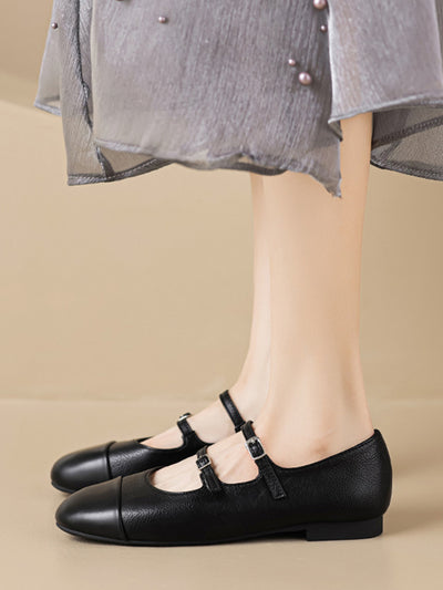 Belt Buckle Round-Toe Split-Joint Flat Shoes Mary Janes