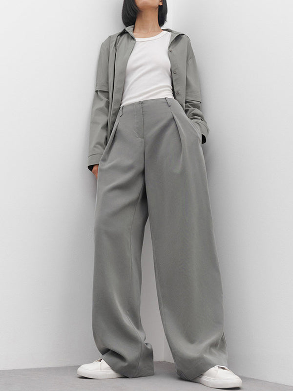 High Waisted Wide Leg Pleated Pockets Solid Color Suit Pants Trousers