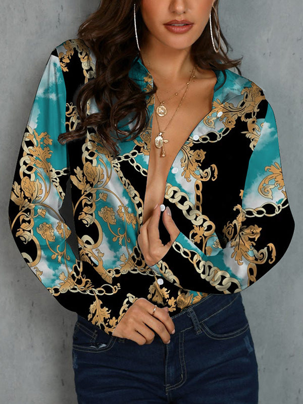 Long Sleeves Loose Buttoned Printed Lapel Blouses&Shirts Tops