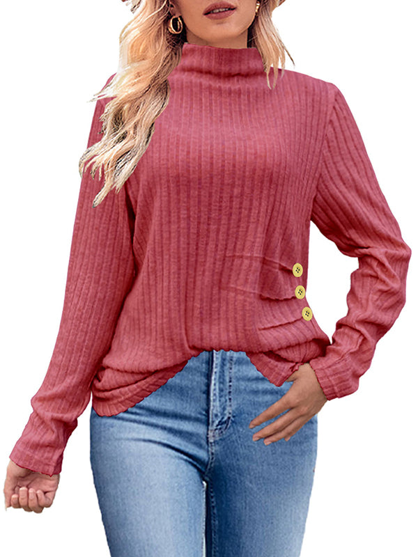 Long Sleeves Loose Buttoned Pleated Solid Color High Neck T-Shirts Tops