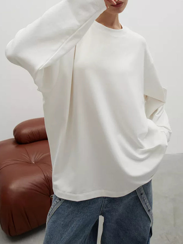 Long Sleeves Loose Solid Color Round-Neck T-Shirts Tops