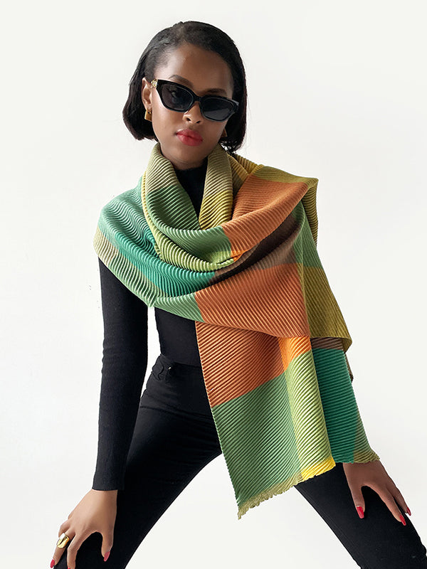 Contrast Color Pleated Striped Scarf