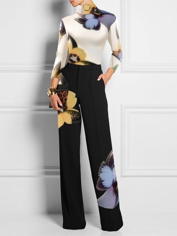 High Waisted Loose Flower Print Pockets Pants Trousers