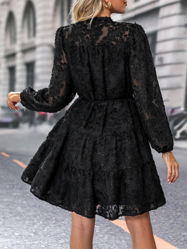 A-Line Long Sleeves Buttoned Elasticity Jacquard Pleated Solid Color Tied Waist Stand Collar Mini Dresses