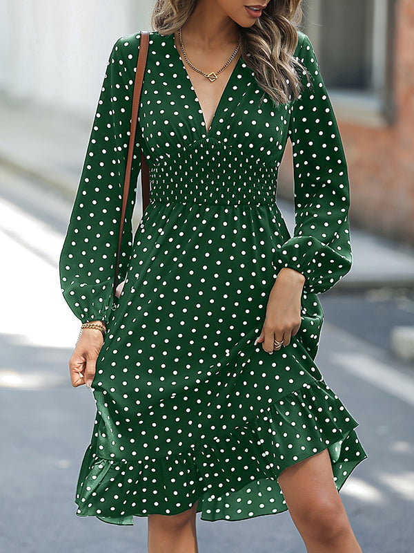 Long Sleeves Loose Elasticity Pleated Polka-Dot Split-Joint V-Neck Midi Dresses