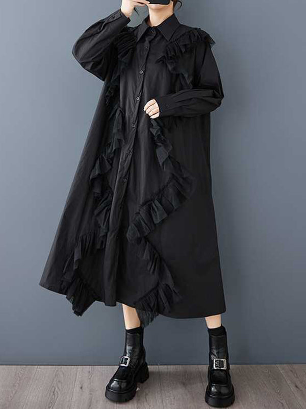 A-Line Long Sleeves Buttoned Split-Joint Lapel Midi Dresses Shirt Dress