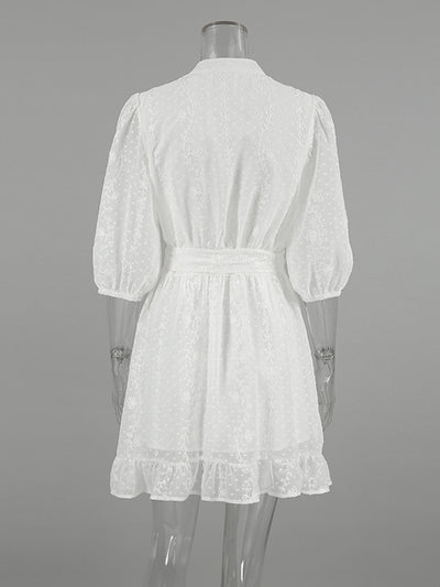 Loose Puff Sleeves Jacquard Pleated Ruffled See-Through Solid Color Split-Joint Tied Waist Stand Collar Mini Dresses