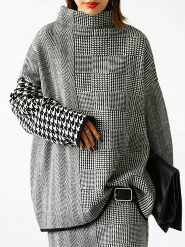 Long Sleeves Loose Houndstooth Plaid High Neck Pullovers Sweater Tops