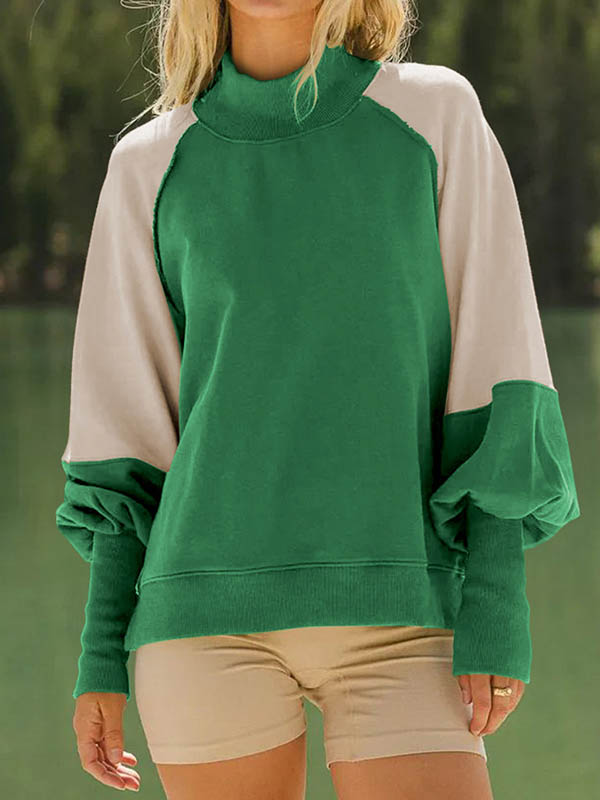 Long Sleeves Loose Contrast Color Pleated Split-Joint Round-Neck Sweatshirt Tops