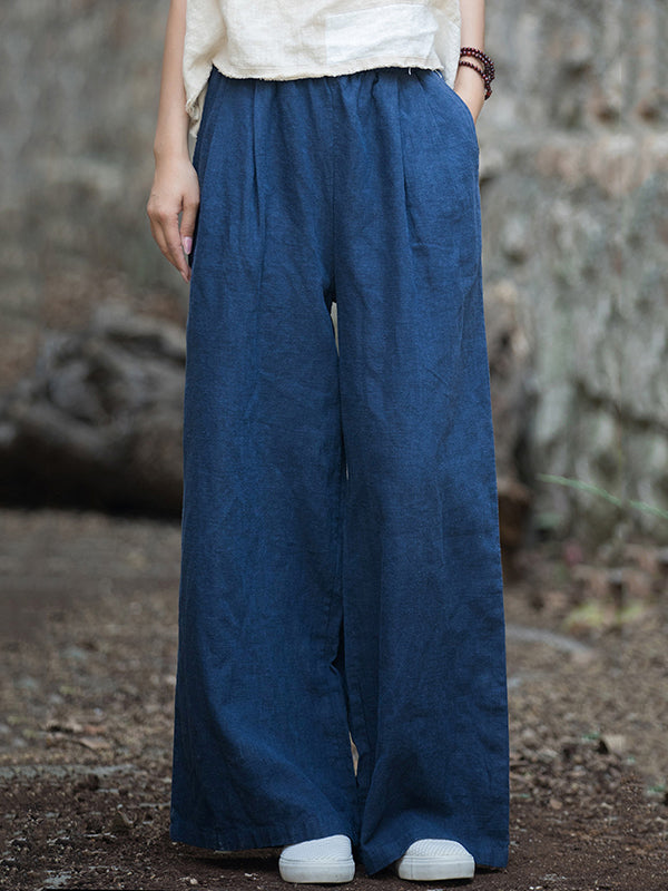 Loose Wide Leg Elasticity Pleated Pockets Solid Color Pants Trousers