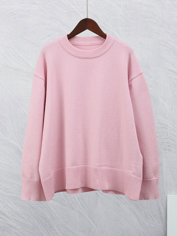 Long Sleeves Loose Solid Color Split-Joint Round-Neck Sweater Tops