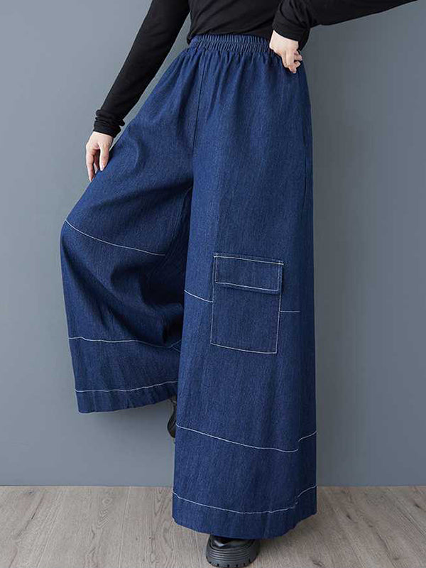 High Waisted Loose Elasticity Pockets Culotte Jean Pants Bottoms