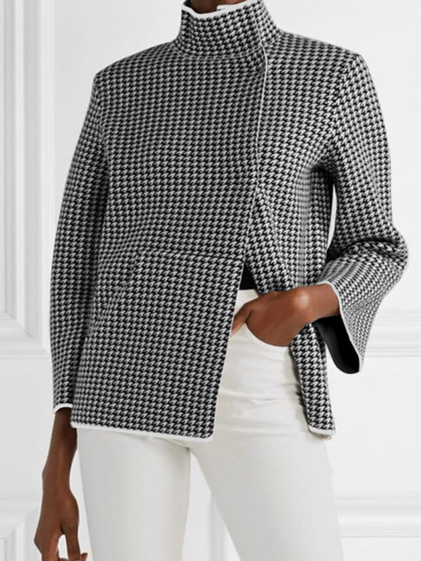 Long Sleeves Loose Contrast Color Houndstooth Split-Joint Stand Collar Outerwear