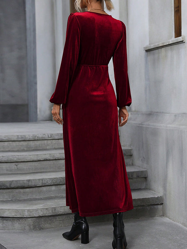 A-Line High Waisted Elasticity Solid Color Split-Front Split-Joint Tied Waist Velvet V-Neck Maxi Dresses