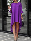 Flared Sleeves Half Sleeves Hollow Solid Color Split-Joint Round-Neck Midi Dresses