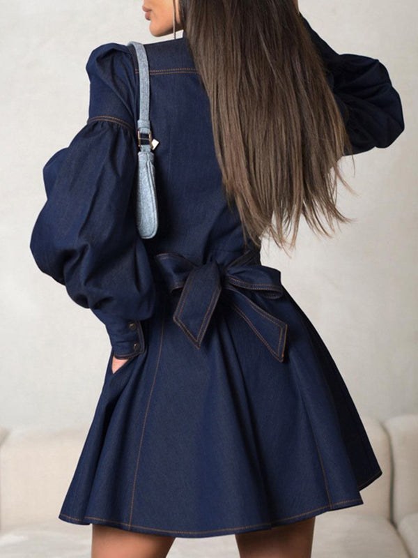 A-Line Long Sleeves Buttoned Pleated Split-Joint Tied Waist Mock Neck Mini Dresses