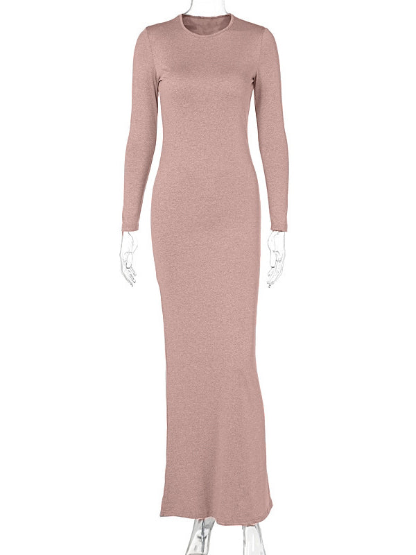 Bodycon Long Sleeves See-Through Solid Color Round-Neck Maxi Dresses