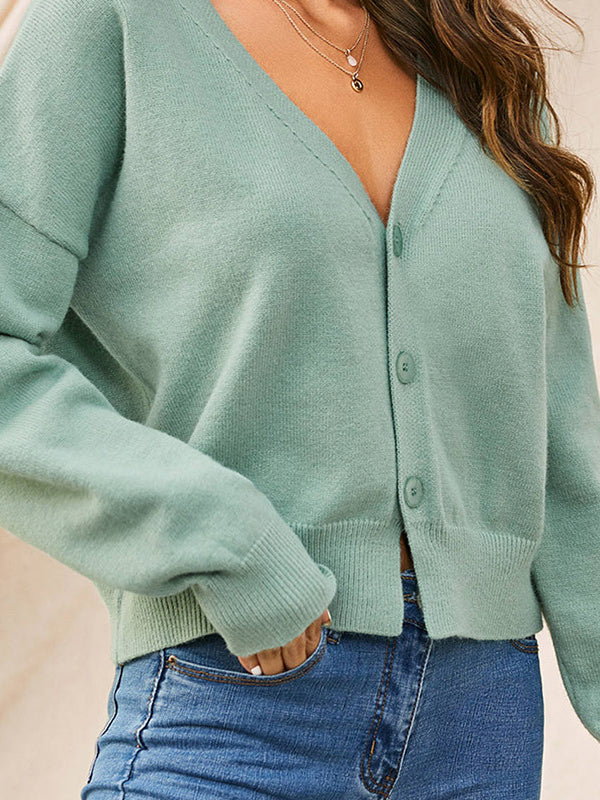 Long Sleeves Loose Buttoned Solid Color Split-Joint V-Neck Cardigan Tops