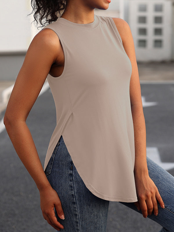 Loose Sleeveless Solid Color Split-Side Round-Neck Cover-Ups Tops Vest Top