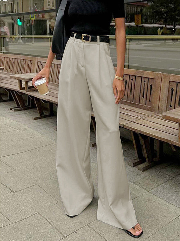 High Waisted Loose No Belt Pleated Pockets Solid Color Suit Pants Trousers