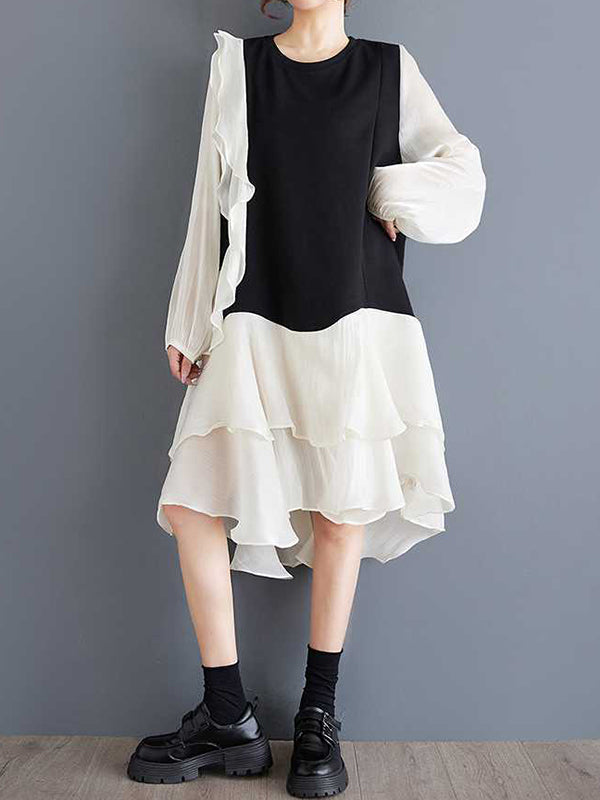 High-Low Long Sleeves Contrast Color Ruffle Trim Split-Joint Round-Neck Midi Dresses