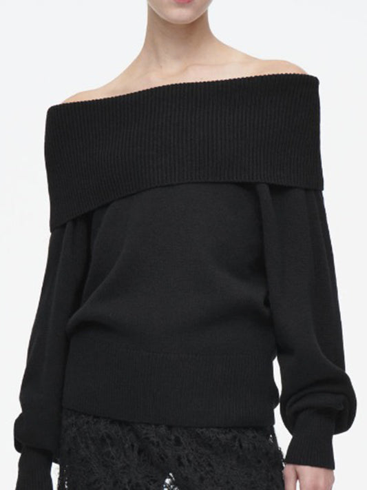 Long Sleeves Loose Solid Color Off-The-Shoulder Sweater Tops