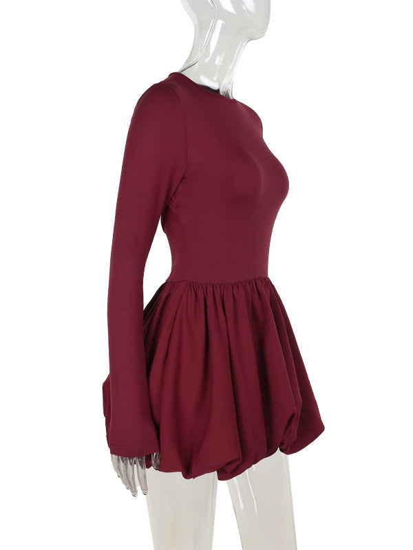 Long Sleeves Skinny Pleated Solid Color Split-Joint Round-Neck Mini Dresses