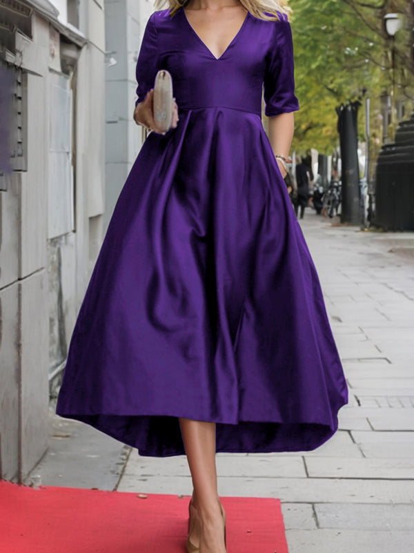 A-Line Long Sleeves Pleated Pockets Solid Color Zipper V-Neck Midi Dresses