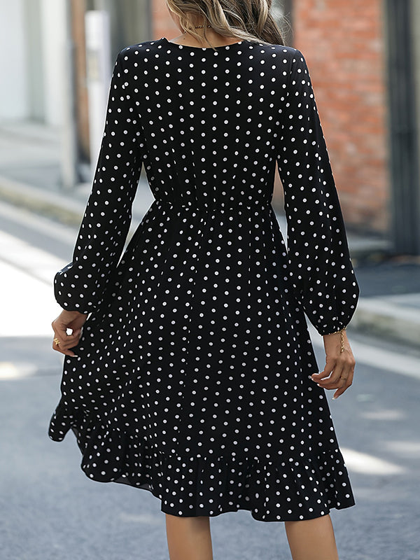 Long Sleeves Loose Elasticity Pleated Polka-Dot Split-Joint V-Neck Midi Dresses