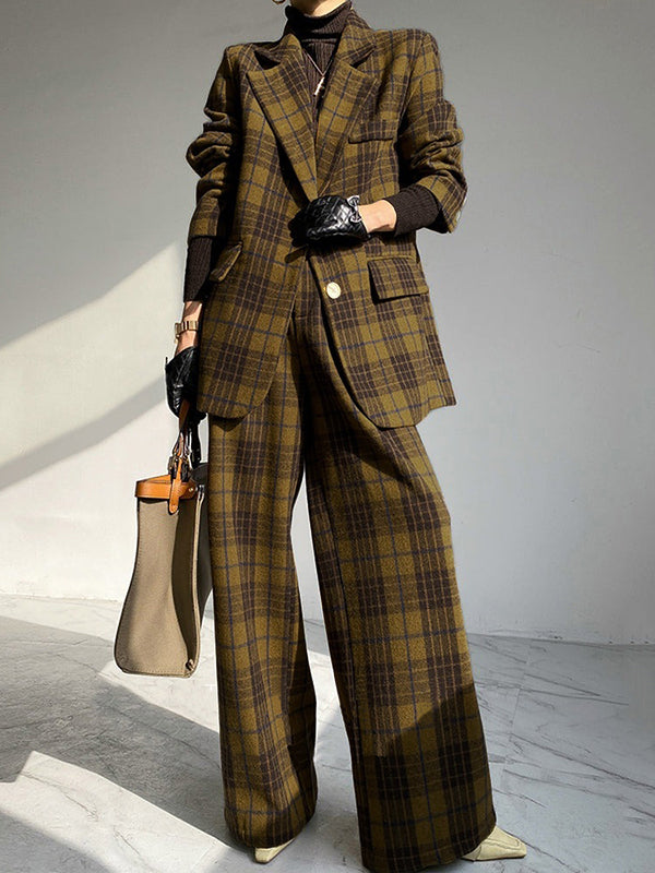 Plaid Split-Joint Lapel Jackets Woolen Coat