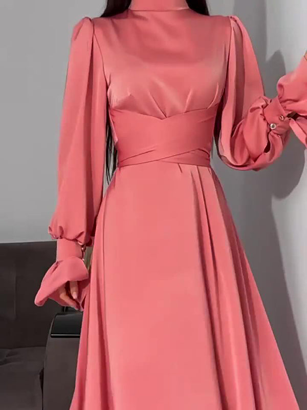 A-Line Long Sleeves Pleated Solid Color Tied Waist Zipper Mock Neck Maxi Dresses