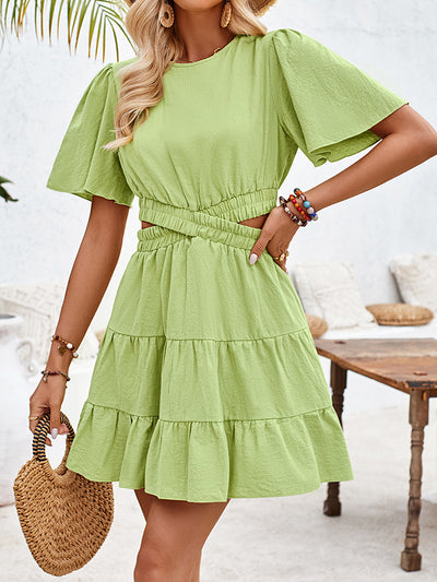 A-Line Flared Sleeves Elasticity Hollow Pleated Solid Color Split-Joint Round-Neck Mini Dresses