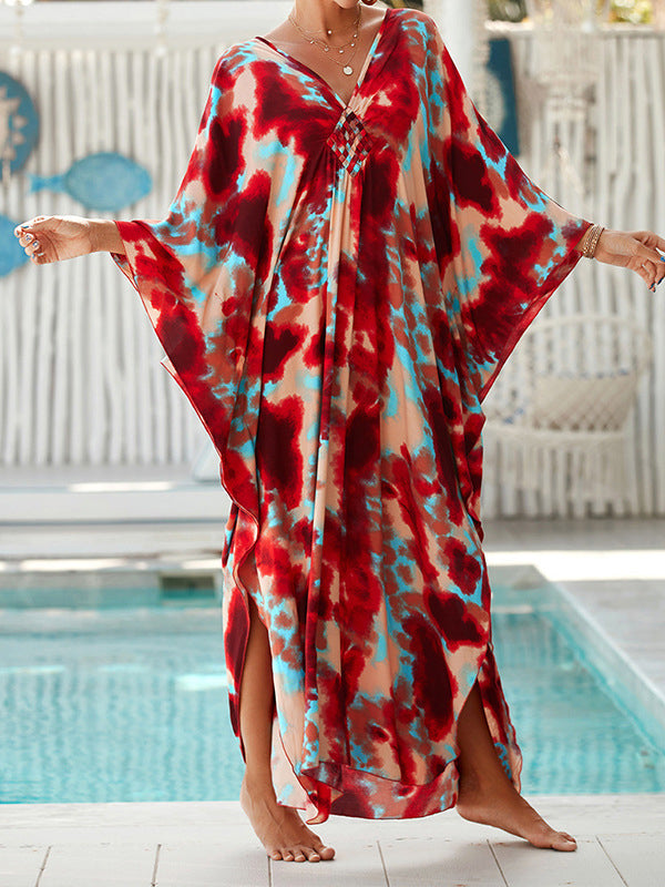 Batwing Sleeves Loose Printed Split-Joint Split-Side Sun Protection V-Neck Beach Cover-Up Maxi Dresses