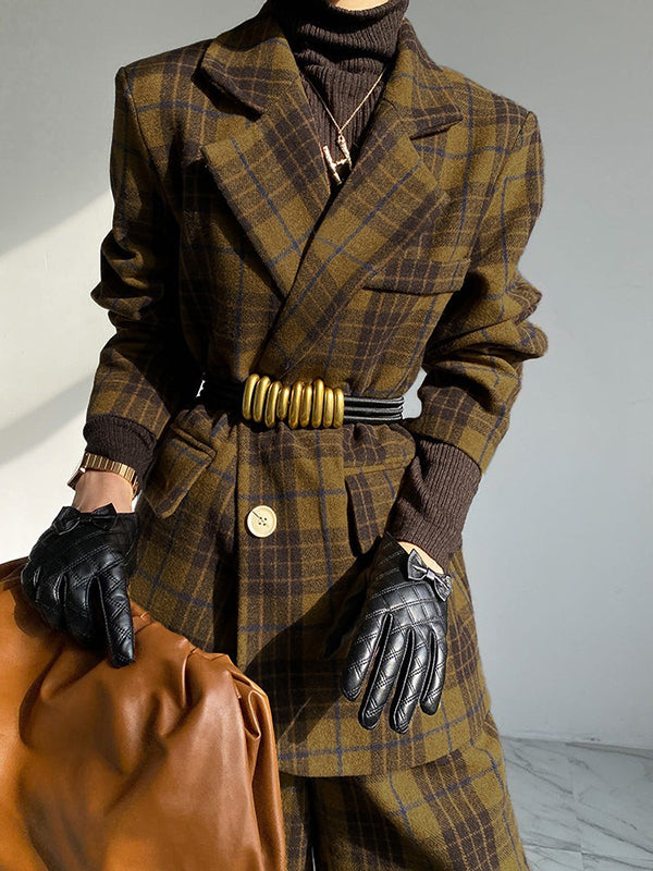 Plaid Split-Joint Lapel Jackets Woolen Coat