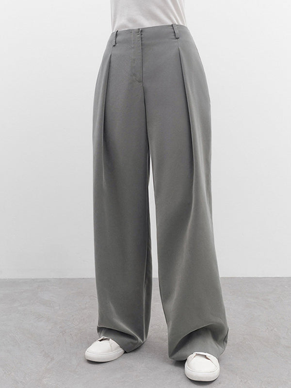 High Waisted Wide Leg Pleated Pockets Solid Color Suit Pants Trousers