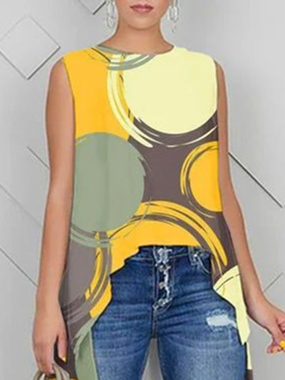 High-Low Loose Printed Round-Neck Vest Top