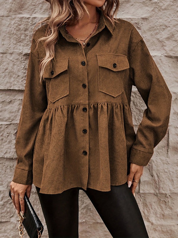 A-Line Long Sleeves Buttoned Pleated Pockets Solid Color Split-Joint Lapel Outerwear