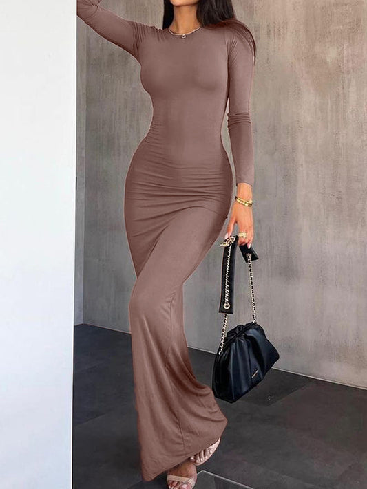 Bodycon Long Sleeves See-Through Solid Color Round-Neck Maxi Dresses