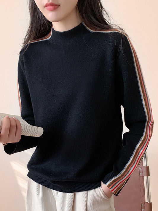 Long Sleeves Loose Contrast Color Striped Mock Neck Pullovers Sweater Tops