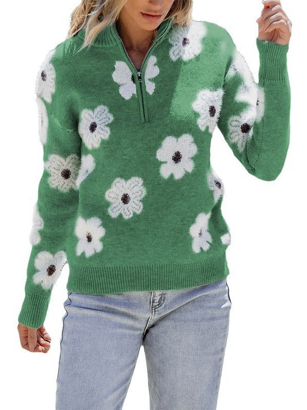 Long Sleeves Loose Knitted Flower Zipper Stand Collar Pullovers Sweater Tops