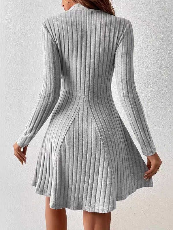 Long Sleeves Pleated Solid Color Split-Joint High Neck Mini Dresses