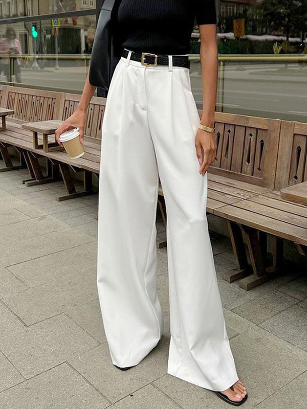 High Waisted Loose No Belt Pleated Solid Color Pants Trousers