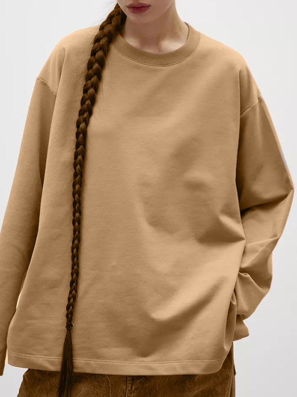 Long Sleeves Loose Solid Color Round-Neck T-Shirts Tops