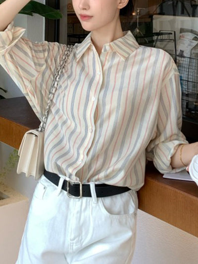 Long Sleeves Loose Buttoned Striped Lapel Blouses&Shirts Tops