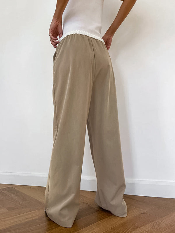 High Waisted Loose Contrast Color Drawstring Pockets Pants Trousers